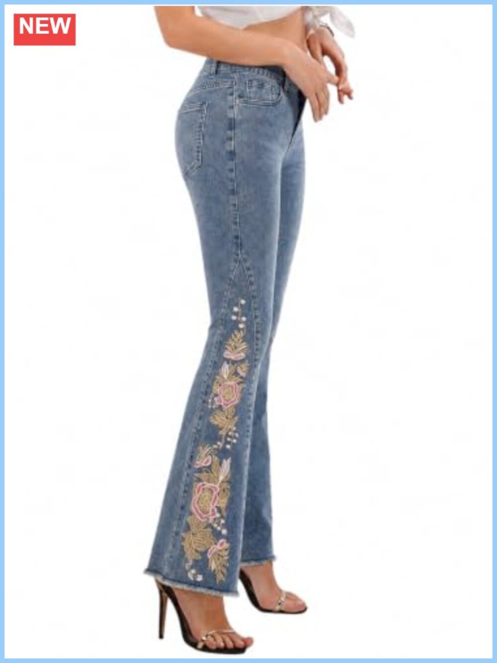 Floral Embroidered Flare Jeans High Rise Stretch Denim Raw Hem
